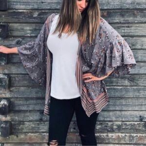 Matilda Jane M/L Along the Way Purple Bird Floral Stripe Print Open Front Kimono